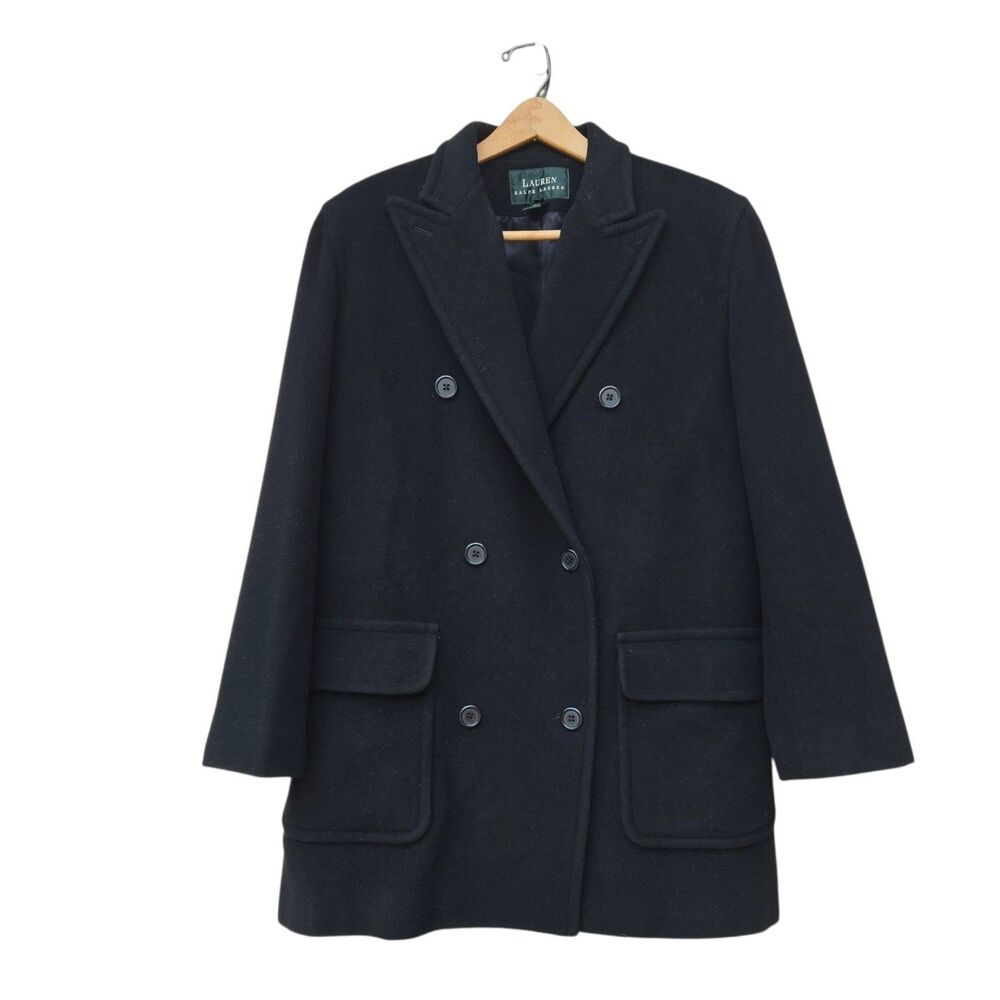 Lauren Ralph Lauren Black 100% Virgin Wool Double Breasted Pea Coat Size 8 Vtg